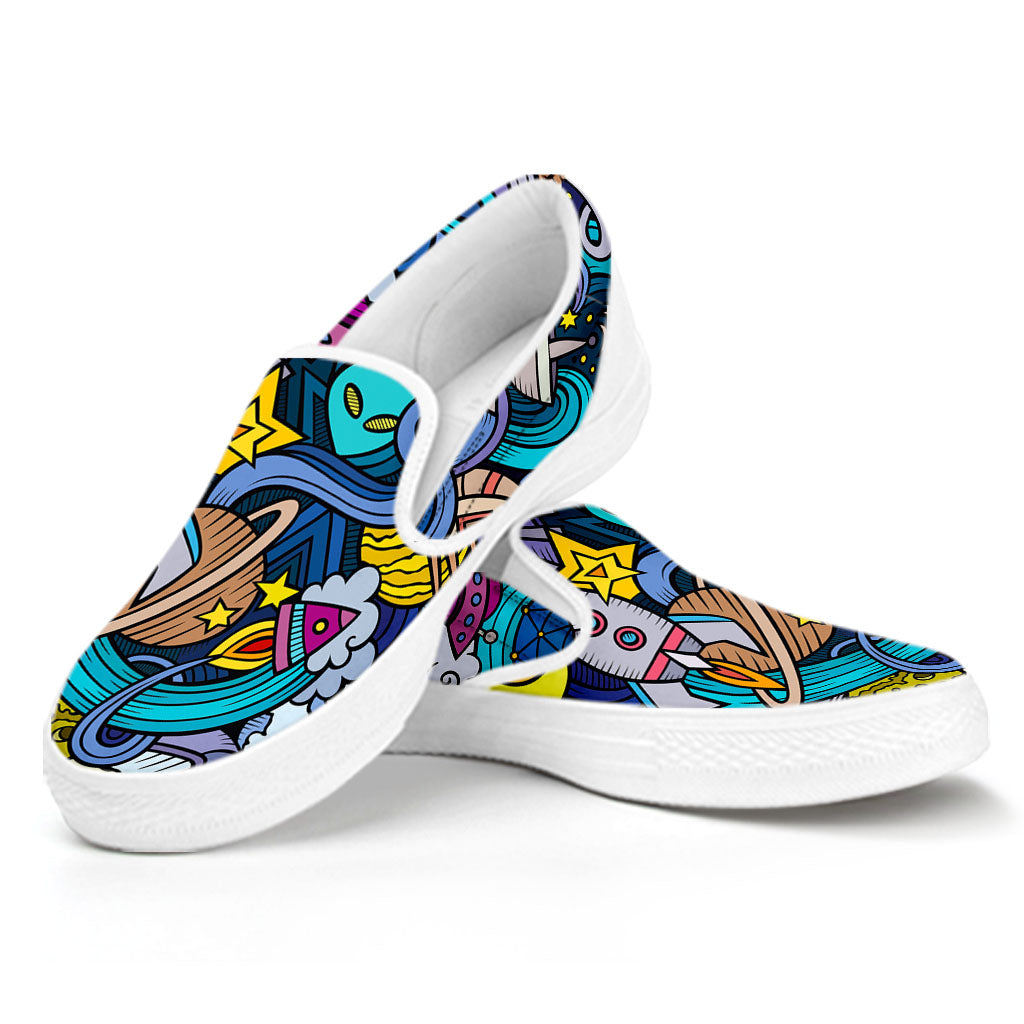 Abstract Cartoon Galaxy Space Print White Slip On Sneakers
