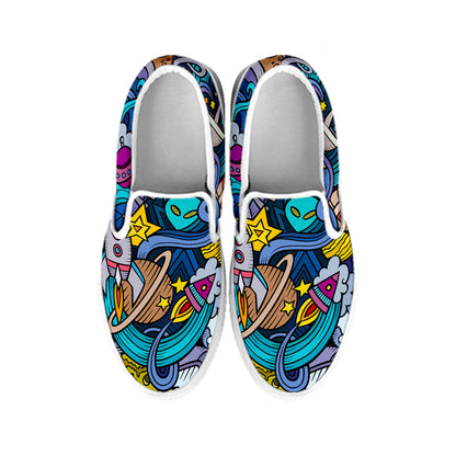 Abstract Cartoon Galaxy Space Print White Slip On Sneakers