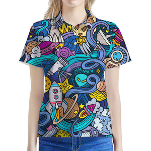 Abstract Cartoon Galaxy Space Print Women's Polo Shirt