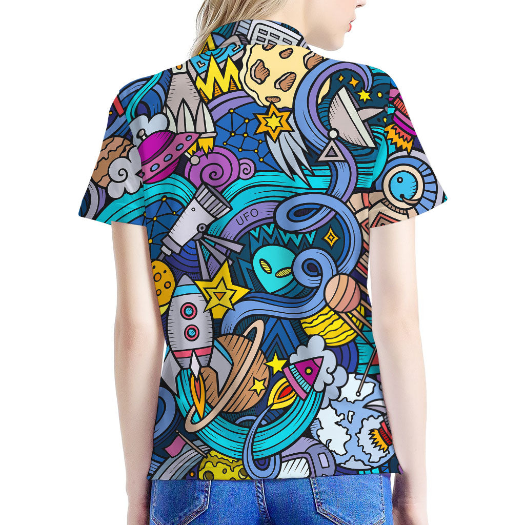 Abstract Cartoon Galaxy Space Print Women's Polo Shirt