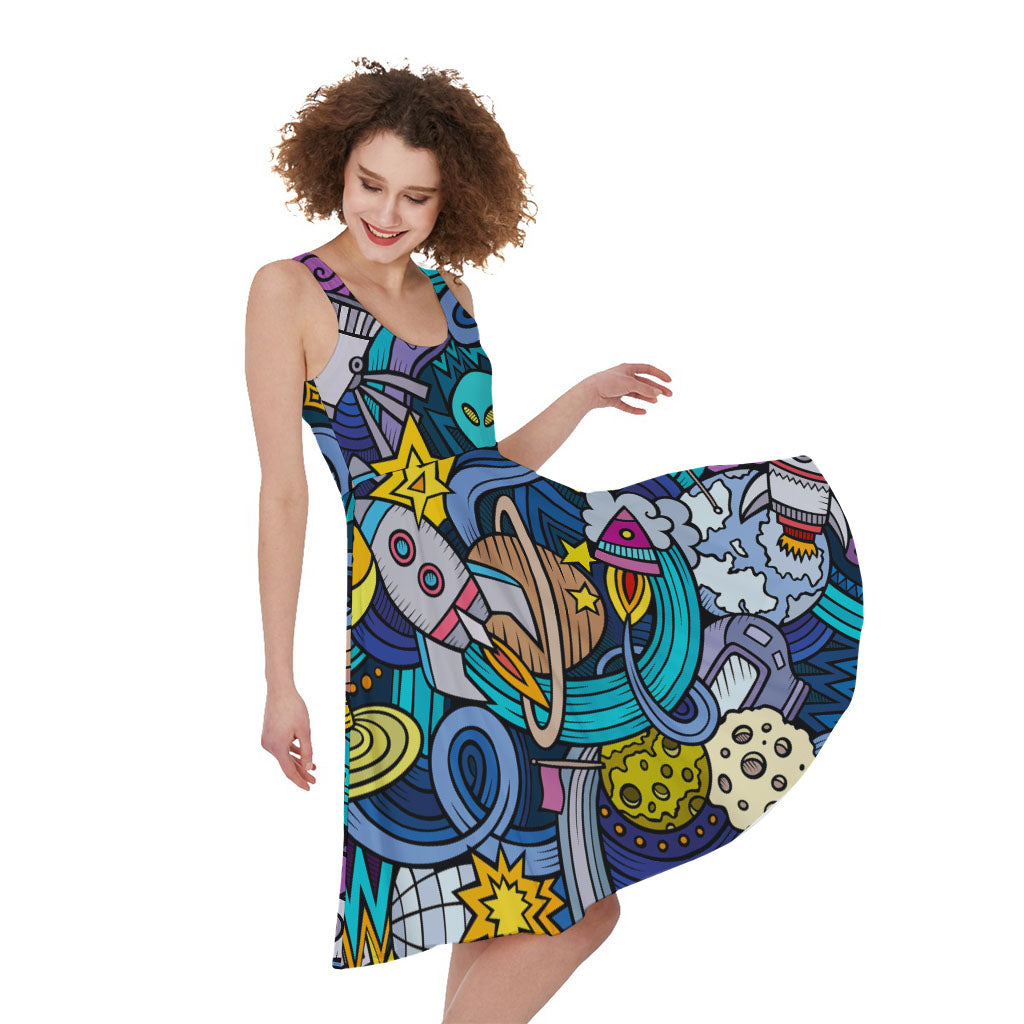Abstract Cartoon Galaxy Space Print Women's Sleeveless Dress