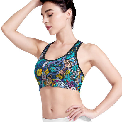 Abstract Cartoon Galaxy Space Print Women's Sports Bra