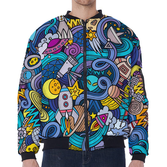 Abstract Cartoon Galaxy Space Print Zip Sleeve Bomber Jacket