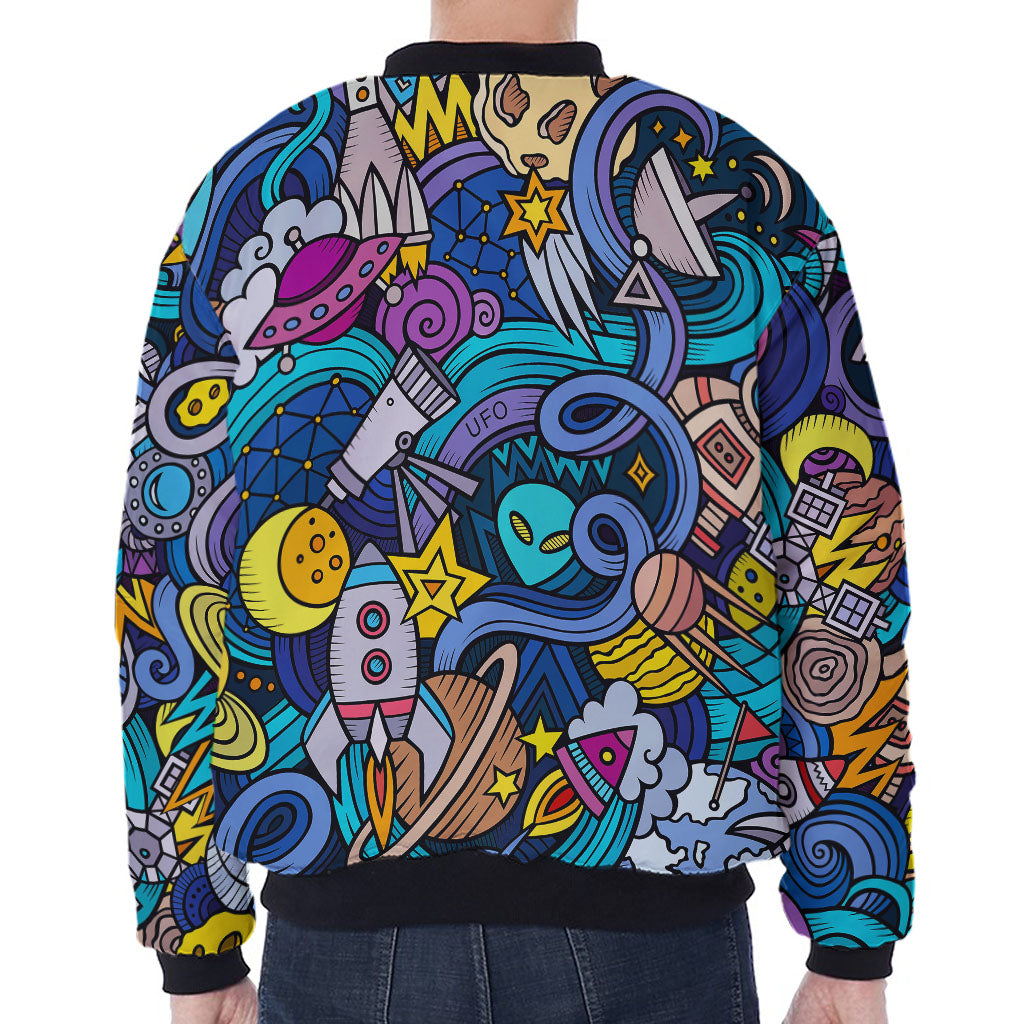 Abstract Cartoon Galaxy Space Print Zip Sleeve Bomber Jacket