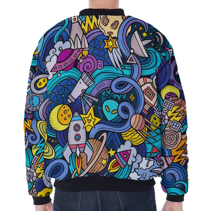 Abstract Cartoon Galaxy Space Print Zip Sleeve Bomber Jacket