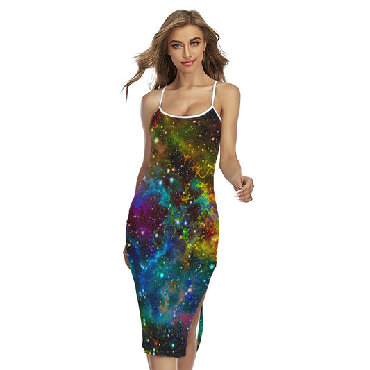 Abstract Colorful Galaxy Space Print Cross Back Cami Dress