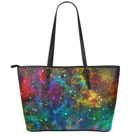 Abstract Colorful Galaxy Space Print Leather Tote Bag