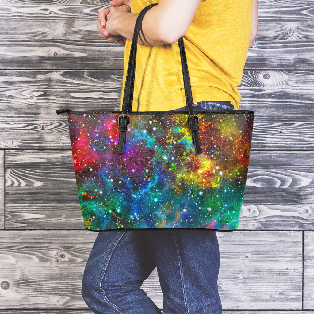 Abstract Colorful Galaxy Space Print Leather Tote Bag