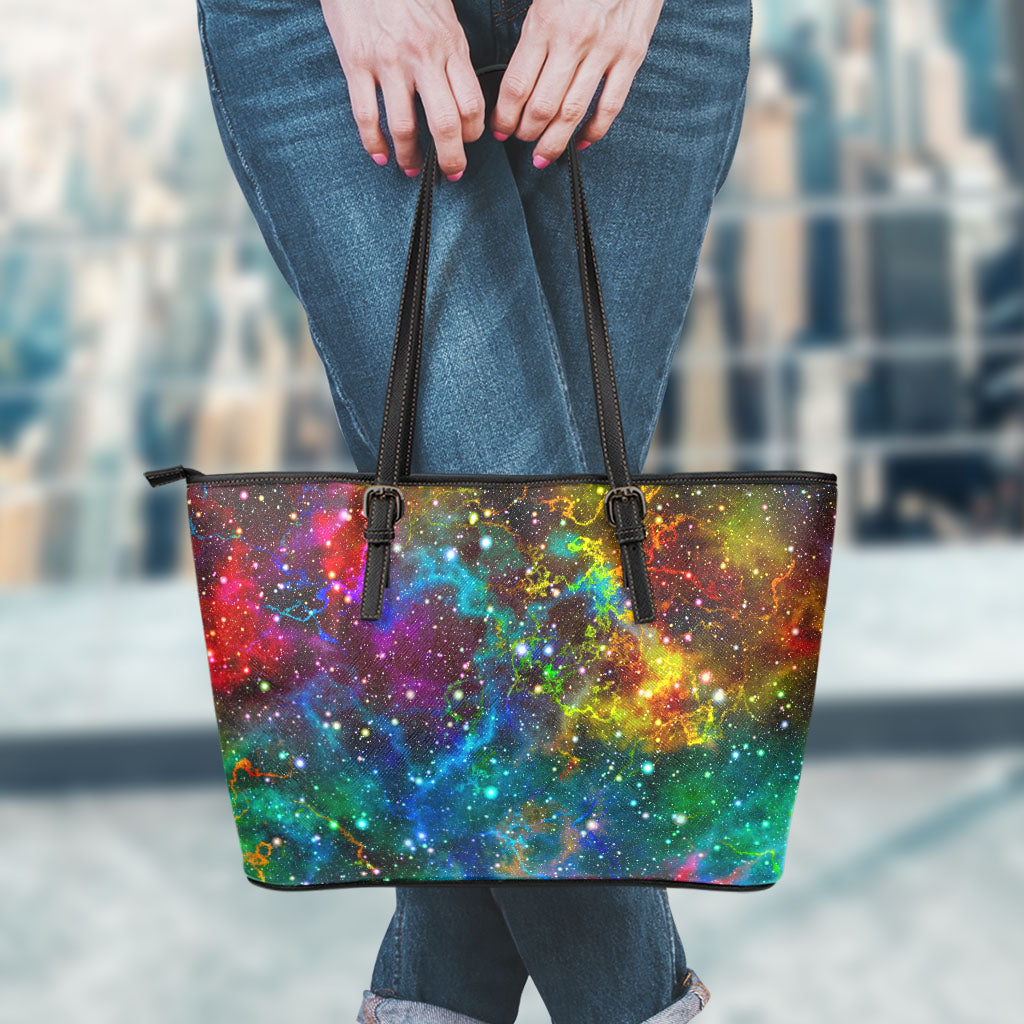 Abstract Colorful Galaxy Space Print Leather Tote Bag