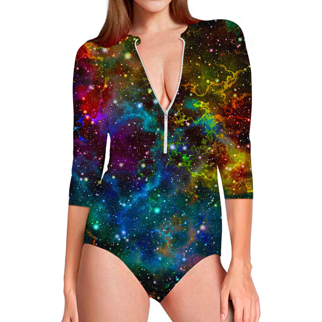 Abstract Colorful Galaxy Space Print Long Sleeve Swimsuit