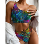 Abstract Colorful Galaxy Space Print One Shoulder Bikini Top