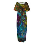 Abstract Colorful Galaxy Space Print Short Sleeve Long Nightdress