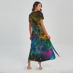 Abstract Colorful Galaxy Space Print Short Sleeve Maxi Dress