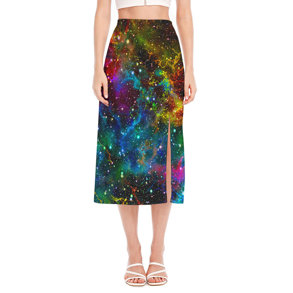 Abstract Colorful Galaxy Space Print Side Slit Midi Skirt