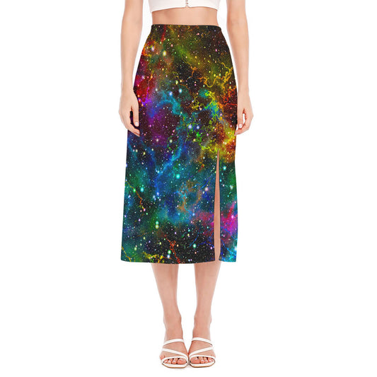 Abstract Colorful Galaxy Space Print Side Slit Midi Skirt