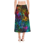 Abstract Colorful Galaxy Space Print Side Slit Midi Skirt