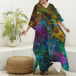 Abstract Colorful Galaxy Space Print Silk V-Neck Kaftan Dress