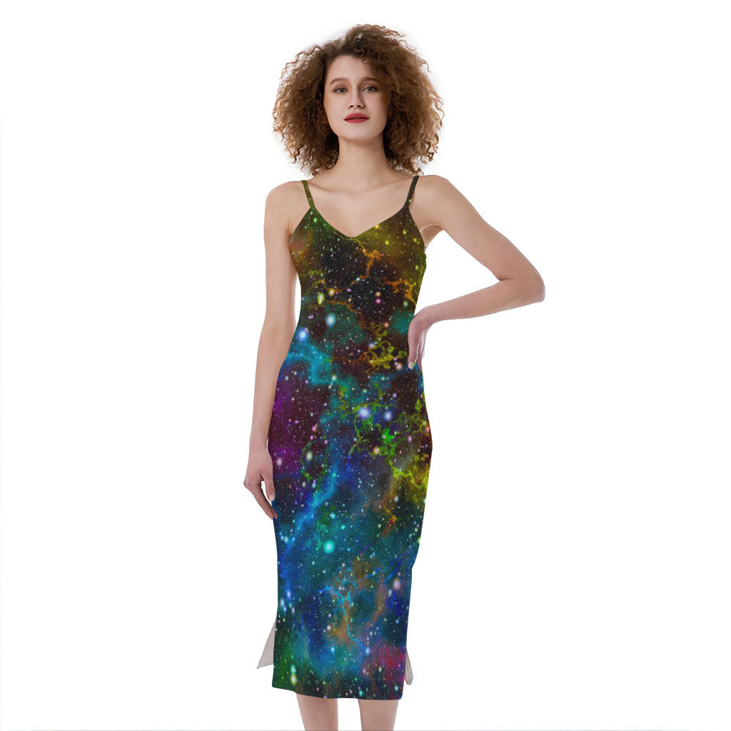 Abstract Colorful Galaxy Space Print Slim Fit Midi Cami Dress