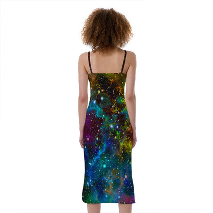 Abstract Colorful Galaxy Space Print Slim Fit Midi Cami Dress