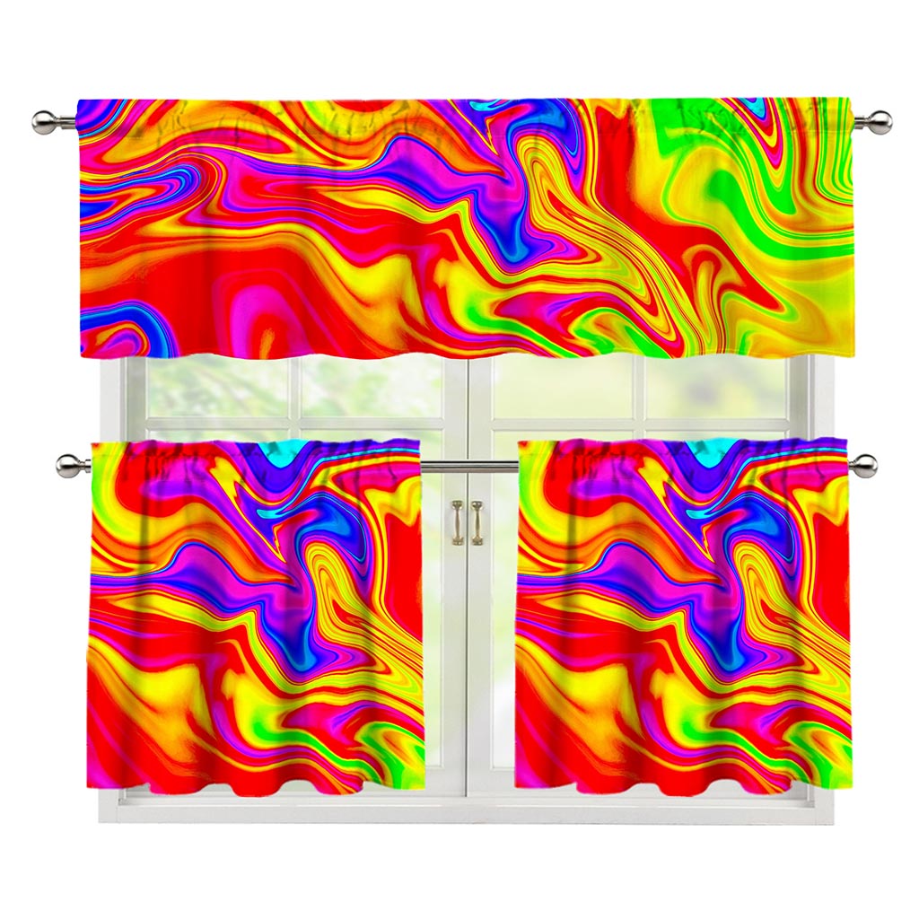 Abstract Colorful Liquid Trippy Print 3 Piece Kitchen Curtains