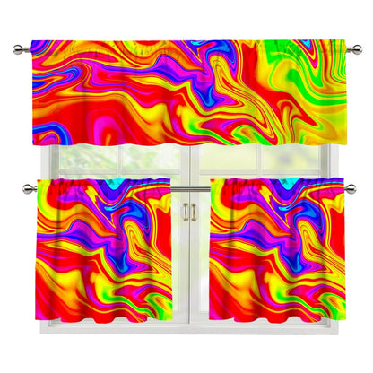 Abstract Colorful Liquid Trippy Print 3 Piece Kitchen Curtains