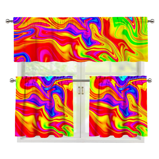 Abstract Colorful Liquid Trippy Print 3 Piece Kitchen Curtains