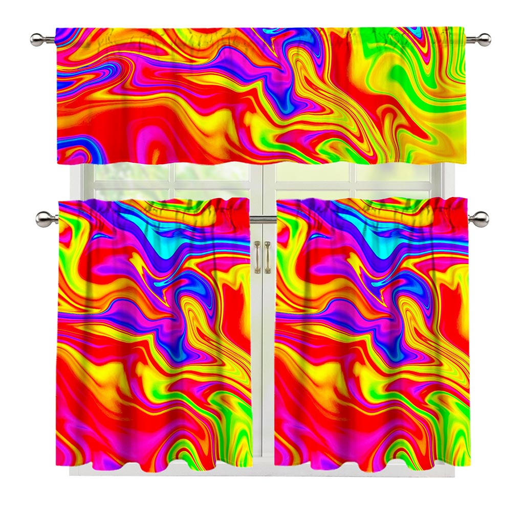 Abstract Colorful Liquid Trippy Print 3 Piece Kitchen Curtains