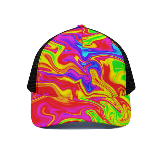Abstract Colorful Liquid Trippy Print Black Mesh Trucker Cap