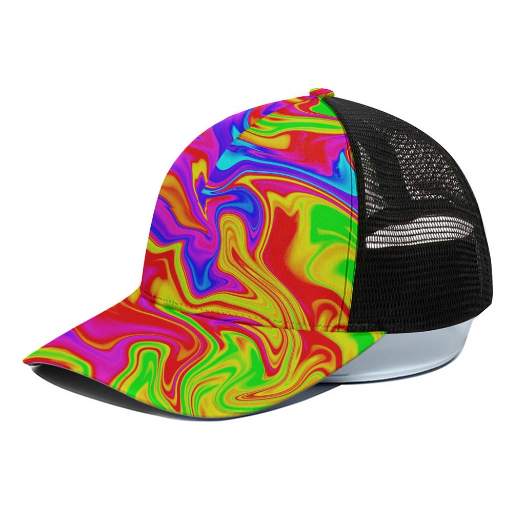 Abstract Colorful Liquid Trippy Print Black Mesh Trucker Cap