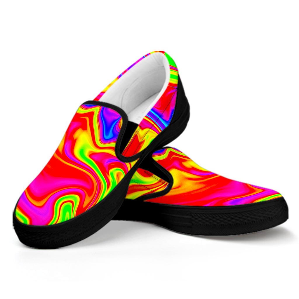 Abstract Colorful Liquid Trippy Print Black Slip On Sneakers