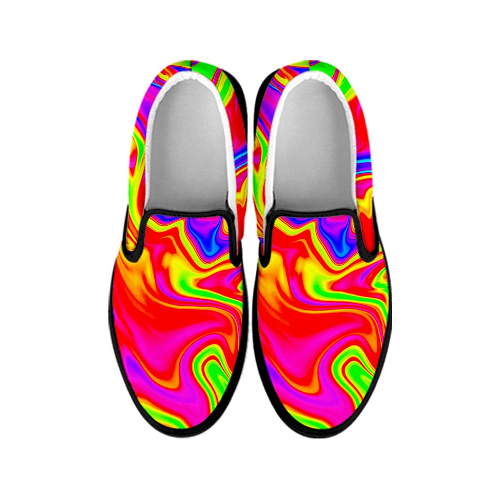Abstract Colorful Liquid Trippy Print Black Slip On Sneakers