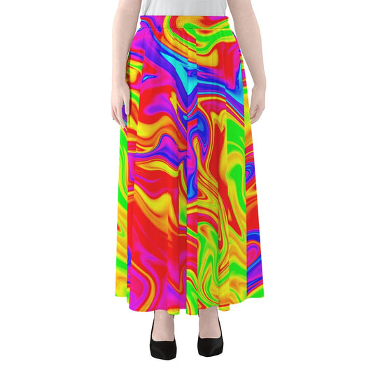 Abstract Colorful Liquid Trippy Print Chiffon Maxi Skirt