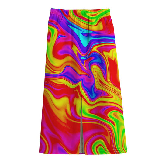 Abstract Colorful Liquid Trippy Print Cotton Front Slit Maxi Skirt