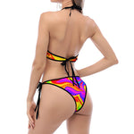 Abstract Colorful Liquid Trippy Print Halter Scoop Tie Side Bikini