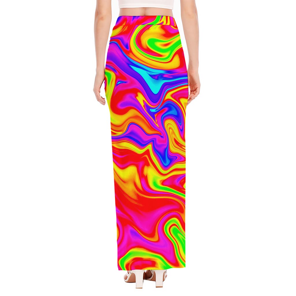 Abstract Colorful Liquid Trippy Print High Slit Maxi Skirt