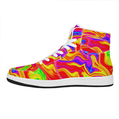 Abstract Colorful Liquid Trippy Print High Top Leather Sneakers