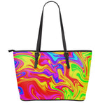 Abstract Colorful Liquid Trippy Print Leather Tote Bag