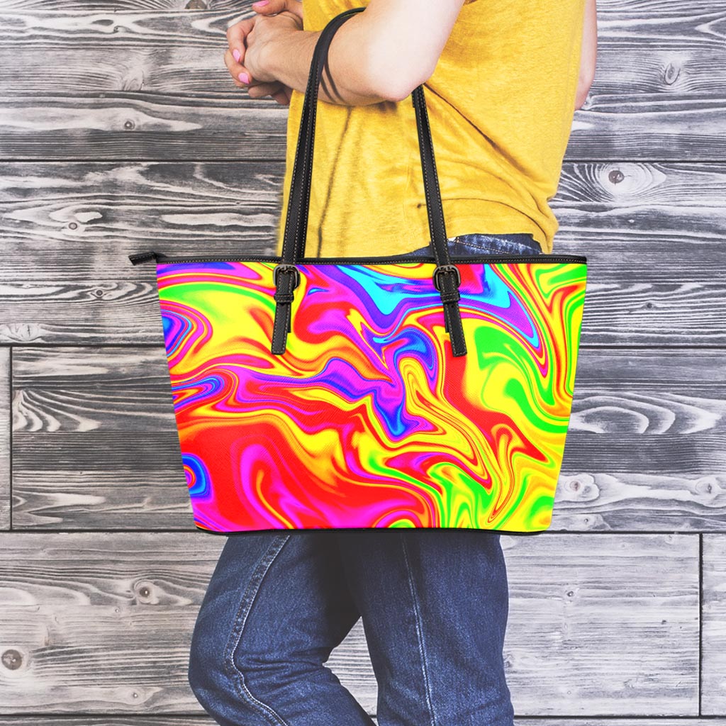 Abstract Colorful Liquid Trippy Print Leather Tote Bag