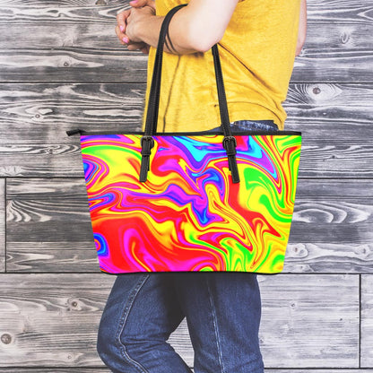 Abstract Colorful Liquid Trippy Print Leather Tote Bag