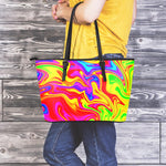 Abstract Colorful Liquid Trippy Print Leather Tote Bag