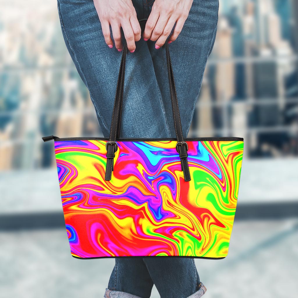 Abstract Colorful Liquid Trippy Print Leather Tote Bag