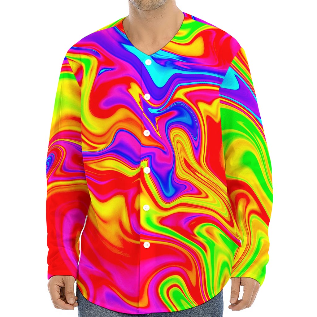 Abstract Colorful Liquid Trippy Print Long Sleeve Baseball Jersey