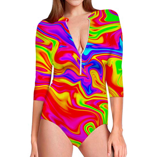 Abstract Colorful Liquid Trippy Print Long Sleeve Swimsuit