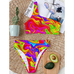Abstract Colorful Liquid Trippy Print One Shoulder Bikini Top