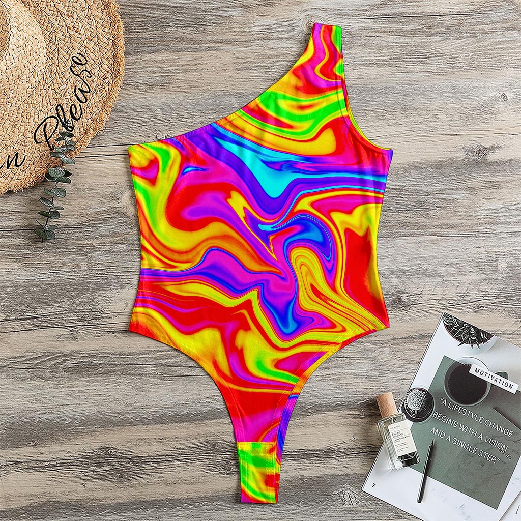Abstract Colorful Liquid Trippy Print One Shoulder Bodysuit