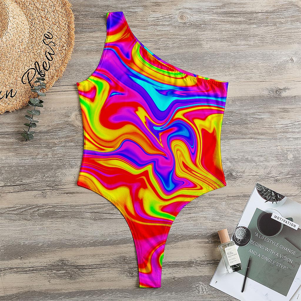 Abstract Colorful Liquid Trippy Print One Shoulder Bodysuit