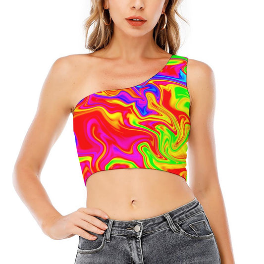 Abstract Colorful Liquid Trippy Print One Shoulder Crop Top