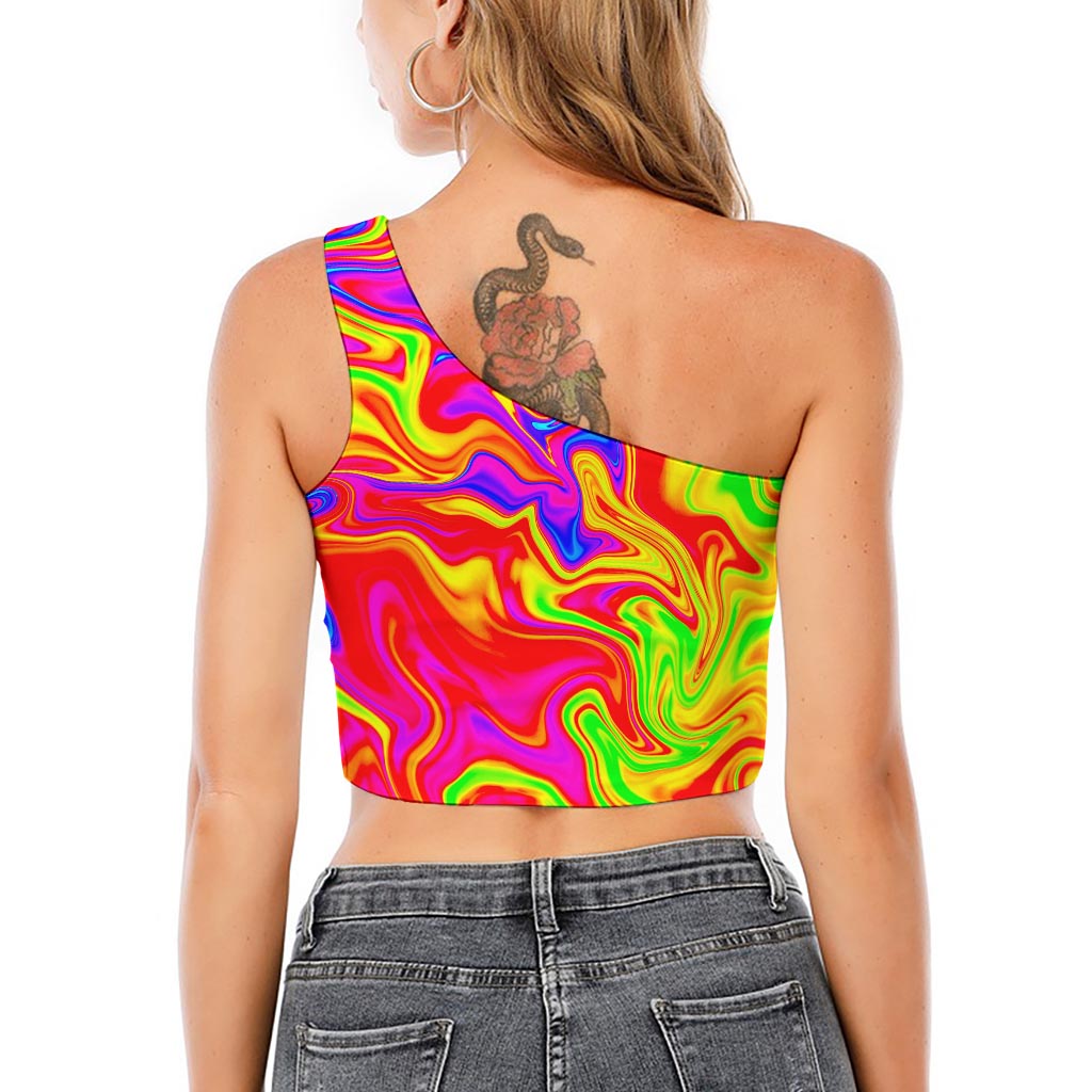 Abstract Colorful Liquid Trippy Print One Shoulder Crop Top