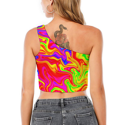 Abstract Colorful Liquid Trippy Print One Shoulder Crop Top