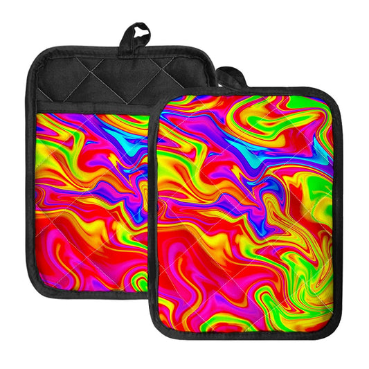 Abstract Colorful Liquid Trippy Print Pot Holders With Pocket